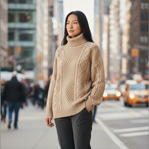 Aritzia Sunday Best Wool Cable Knit Turtleneck Sweater Small | Beige Minimalist